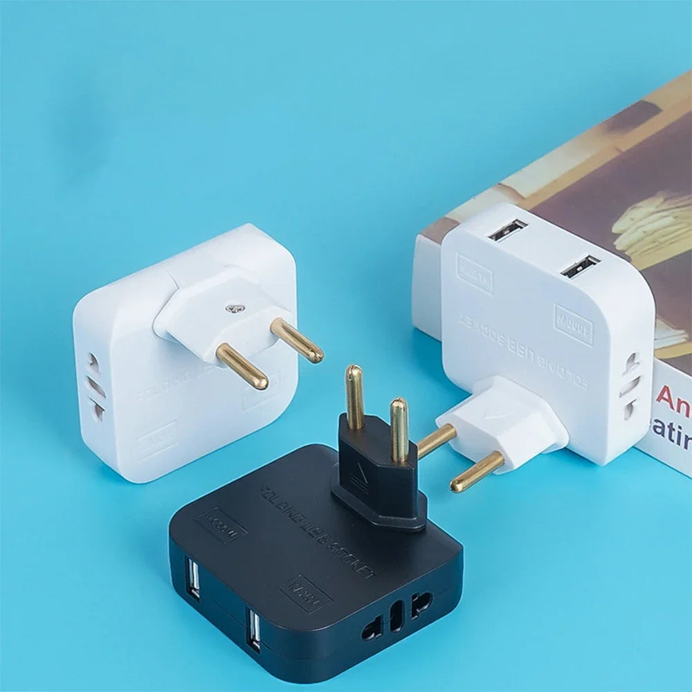 180° Rotating EU Plug Adapter with 2 AC Outlets & 2 USB Ports