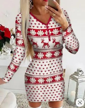 Women's Christmas Mini Dress – Snowflake & Elk Print, Long Sleeve, Skinny A-Line O-Neck, Festive Casual Wear