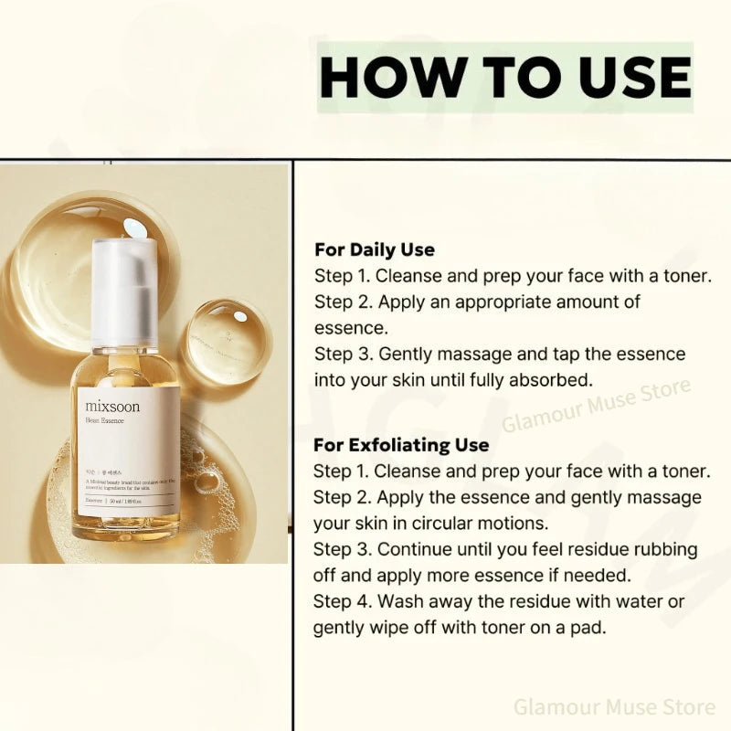 Korean Skincare Mixsoon Glow Bean Essence,Exfoliating Gentle Long-lasting Hydration Facial Moisturizing Serum Smooth Skin 50ml