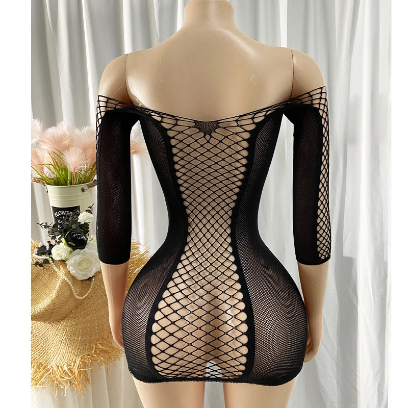 1 Piece Beach Cover Up without Bikini Summer's Hottest Mesh Swimsuit Women Summer Pool Swimwear Long Sleeves Hollow Out Dress