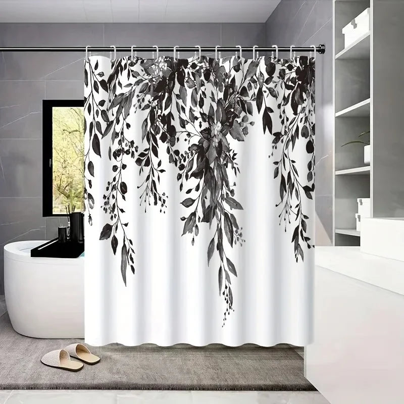 1 Piece Small Fresh Eucalyptus Leaves Digitally Printed Bathroom Shower Curtain Set Perforated Strap Hook Easy to Clean