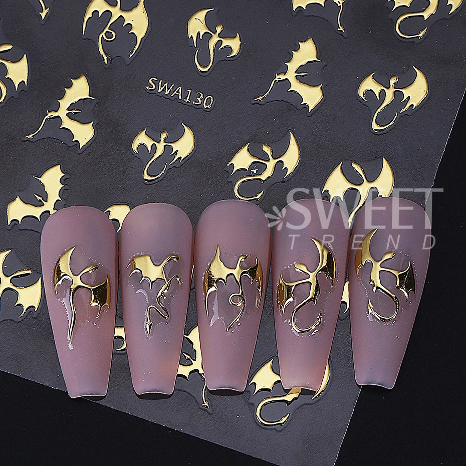 3/4pcs Metallic Dragon Nail Stickers Evil Bat Flying Dragon Designs Self-Adhesive Nail Decals Y2K Halloween Manicure Decoration