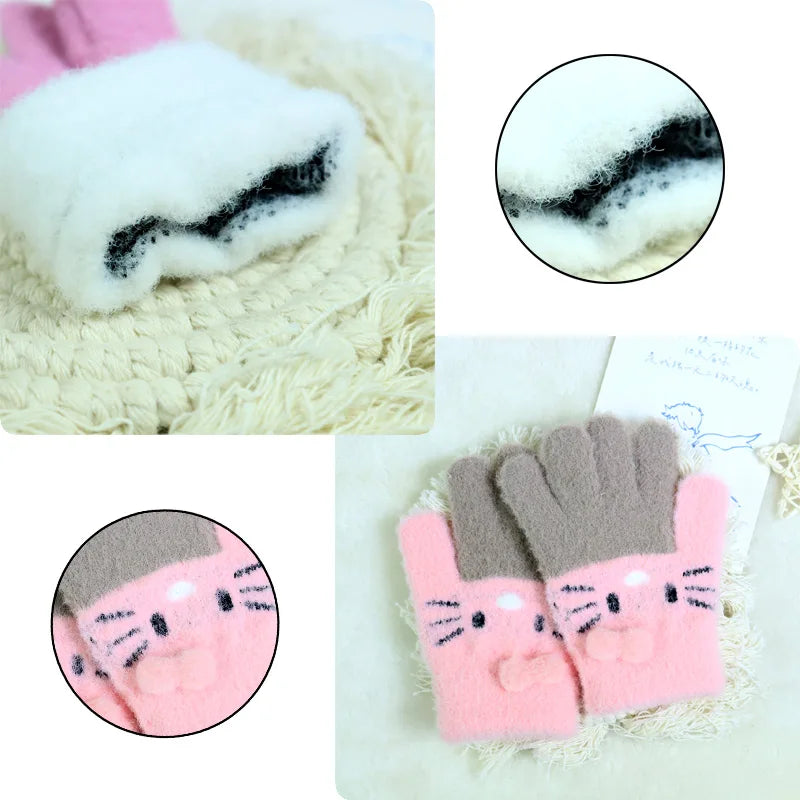 Kids’ Color-Block Cat Knit Gloves