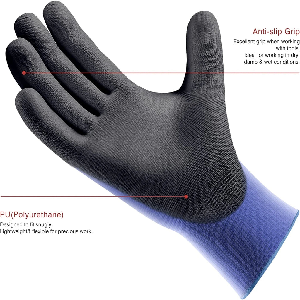 PU-Coated Knit Work Gloves – Blue & Black, 3 Pairs