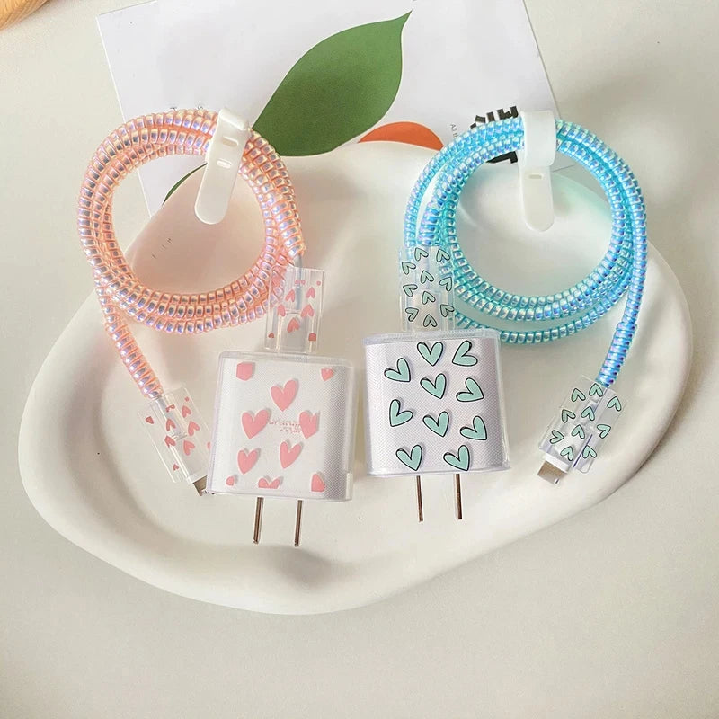Heart-Print Charger Cover & Cable Wrap – Pink or Blue