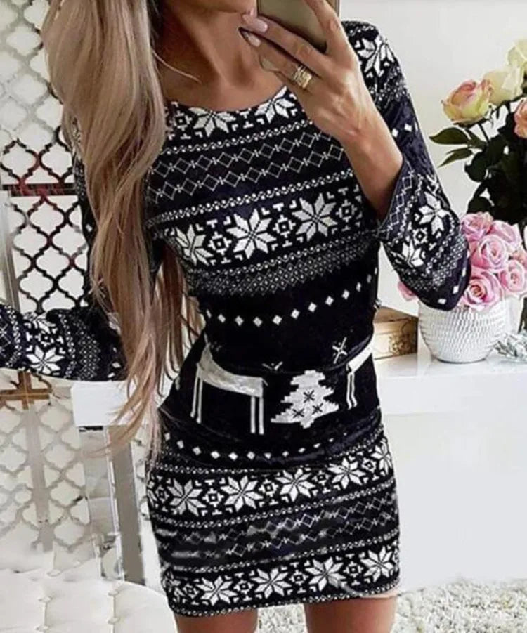 Women's Christmas Mini Dress – Snowflake & Elk Print, Long Sleeve, Skinny A-Line O-Neck, Festive Casual Wear