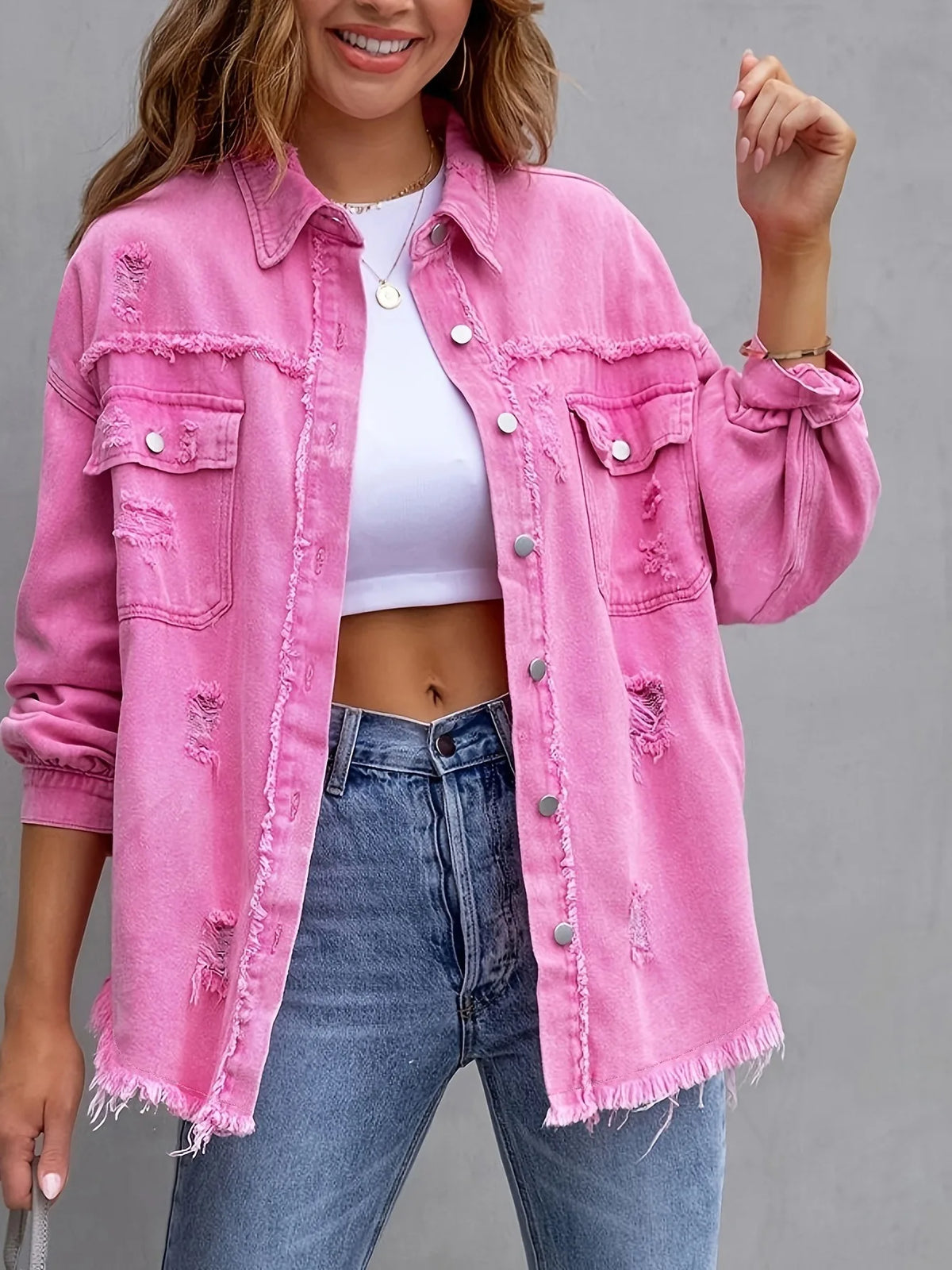 Women’s Distressed Button-Front Denim Jacket