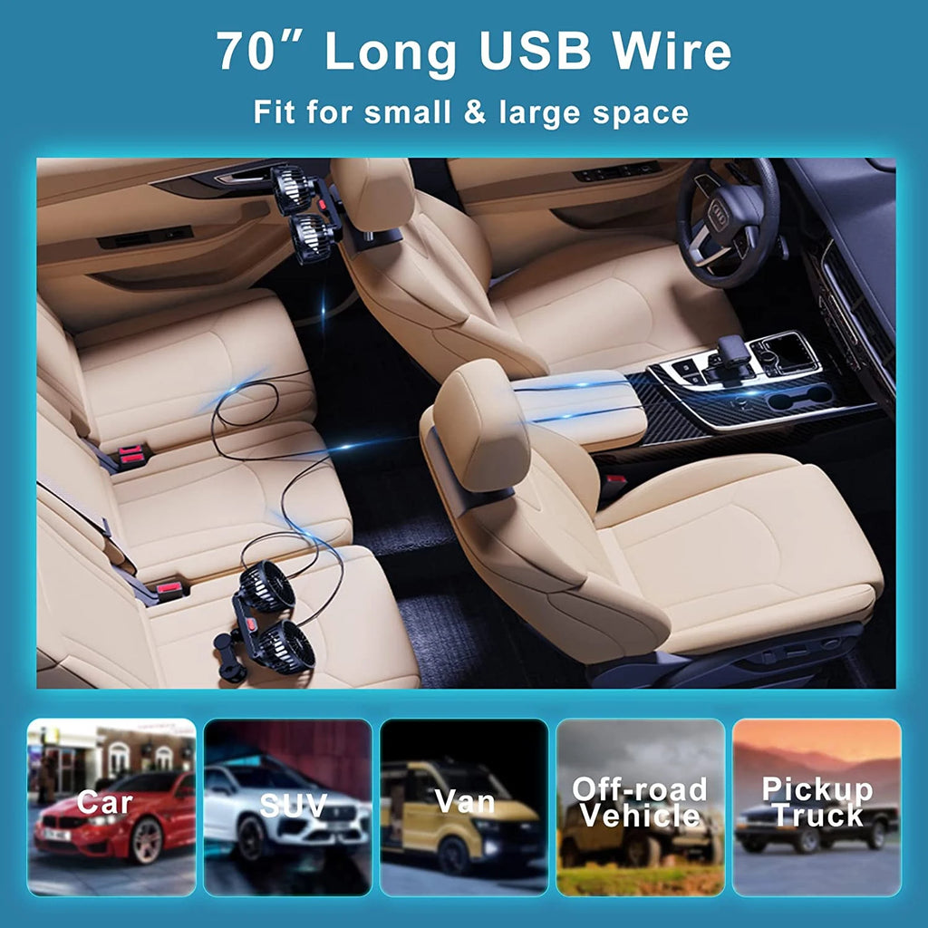 Dual-Head Car Backseat Fan with 3 Speeds