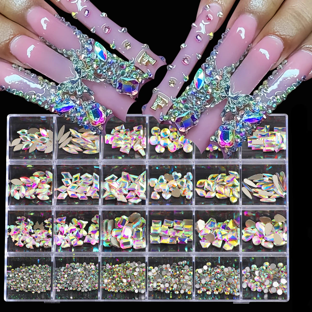 1 Box of Multi -Shaped 3D Nail Diamond Kits -24 AB Crystal Gem Grids, Flat -Bottom Nail Art Accessories Multi -Style Nail Suppli