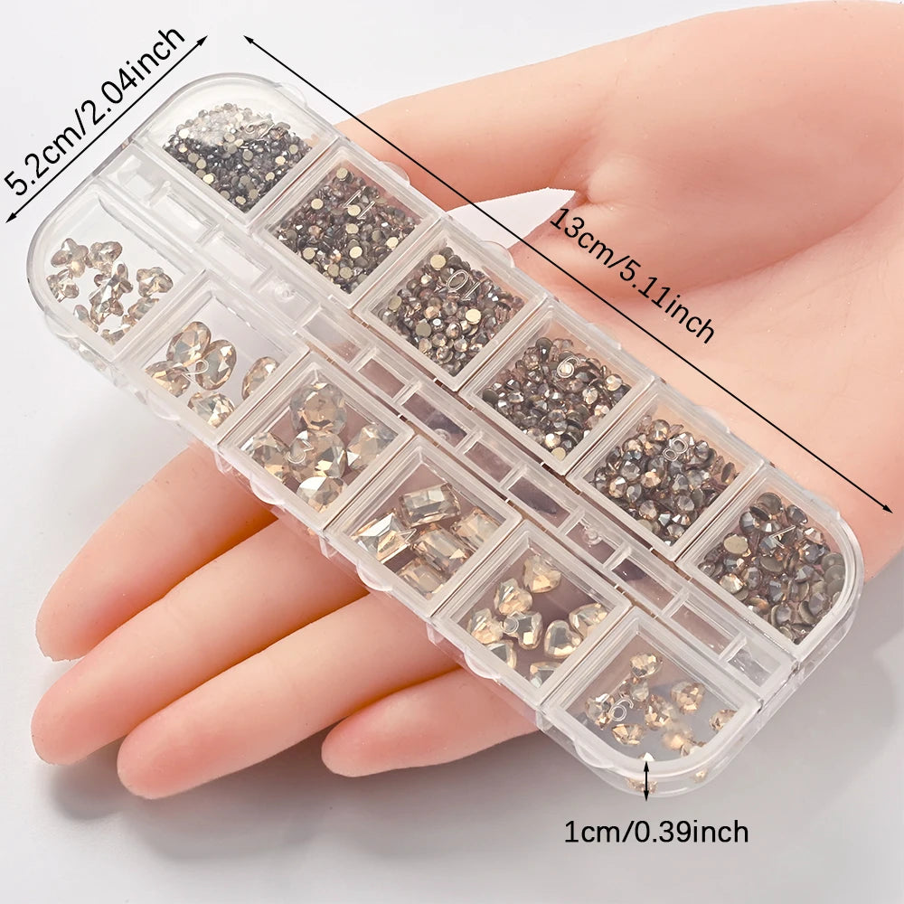 12 Grids 3D Champagne Nail Art Rhinestones Mixed Round,Fat Square,Heart,Butterfly Glass Diamond Nail Charms DIY Manicure Decor *