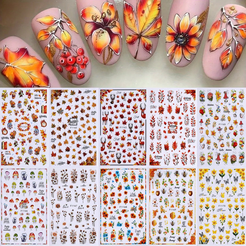 10pcs Autumn Winter Series Nail Decals Maple Leaves Pumpkin Deer Mushroom Stickers For Manicure Painting Fall Decor Accessories