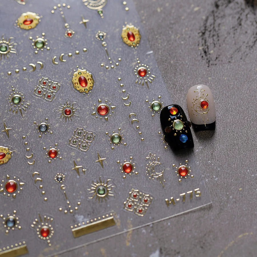5D Luxury Nail Art Stickers – Gold Gemstone & Courtly Pattern Manicure Decals