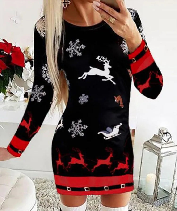 Women's Christmas Mini Dress – Snowflake & Elk Print, Long Sleeve, Skinny A-Line O-Neck, Festive Casual Wear