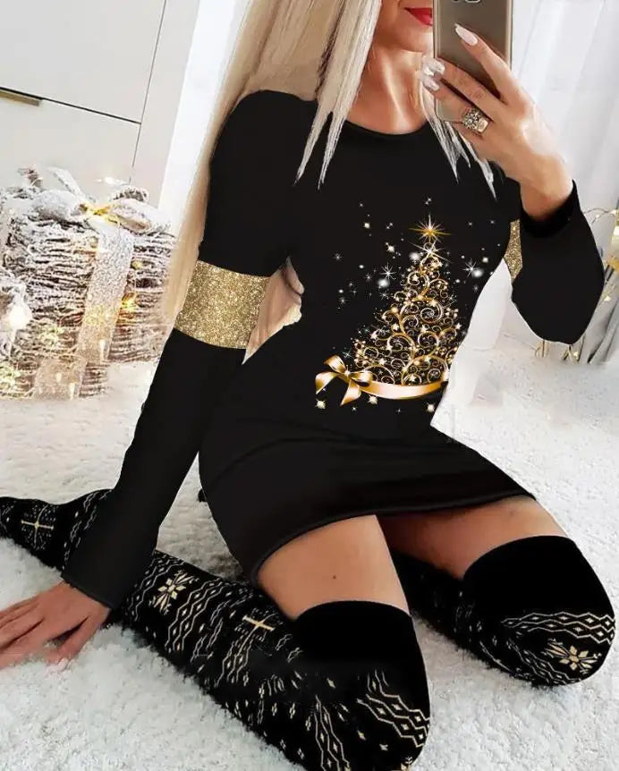 Women's Christmas Mini Dress – Snowflake & Elk Print, Long Sleeve, Skinny A-Line O-Neck, Festive Casual Wear