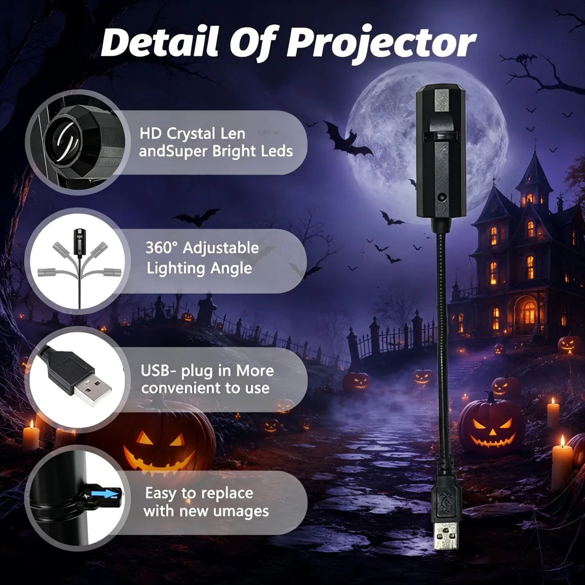USB LED Holiday Projector Light – Halloween & Christmas Styles