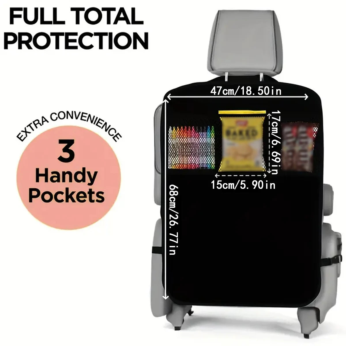 Car Seatback Kick Mat with 3 Storage Pockets