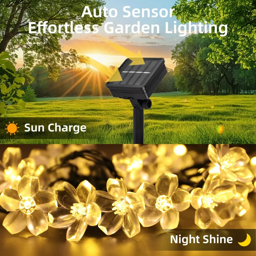 Solar Cherry Blossom Outdoor String Lights, Floral LED Fairy Lights for Yard Tree, Balcony, Backyard Landscape Festival Decor