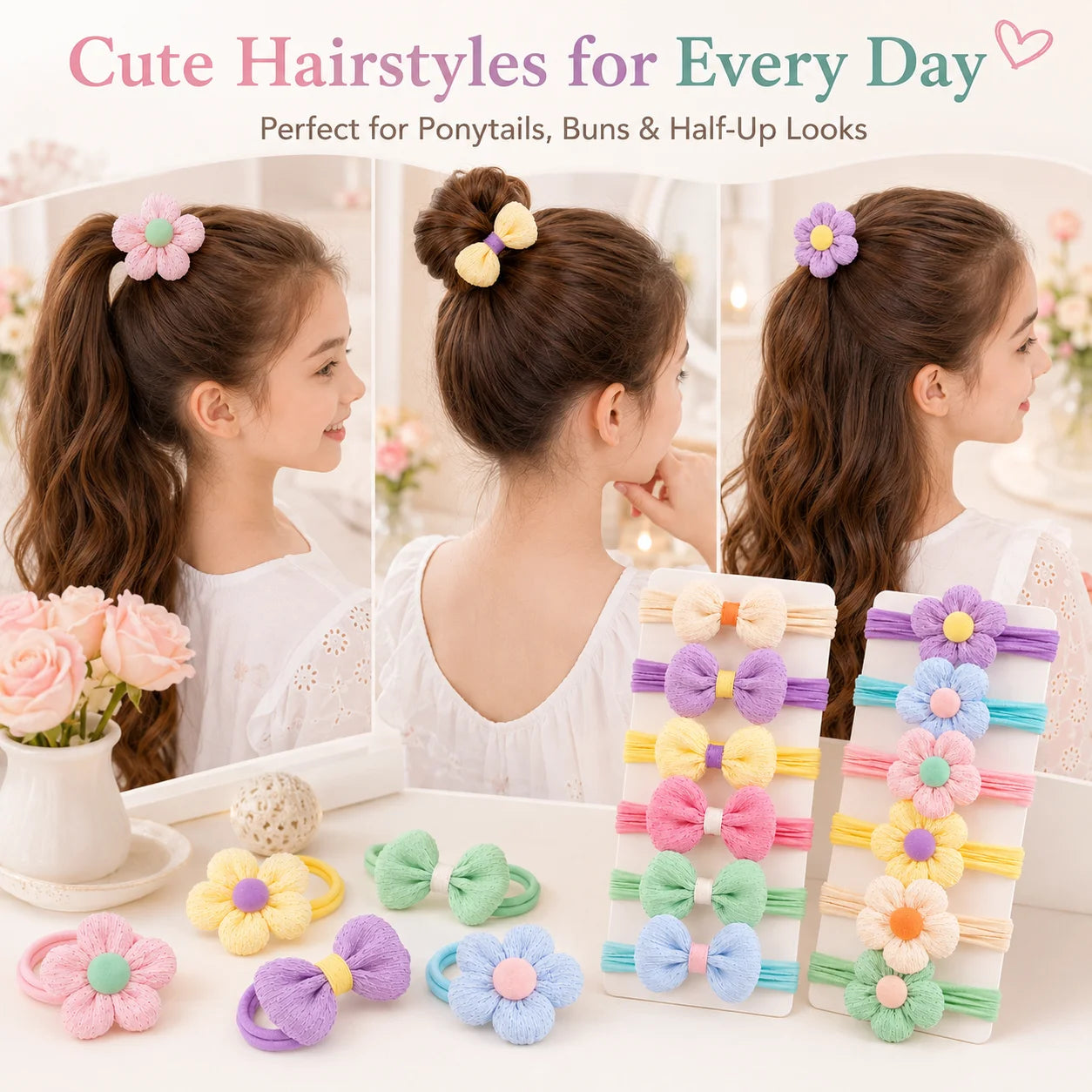 12PCS New Cut Hair Ties Princess Sweet Flower Bow Girls Women Elastic Hair Bands Hair Accessories Headwear Scrunchies 2030