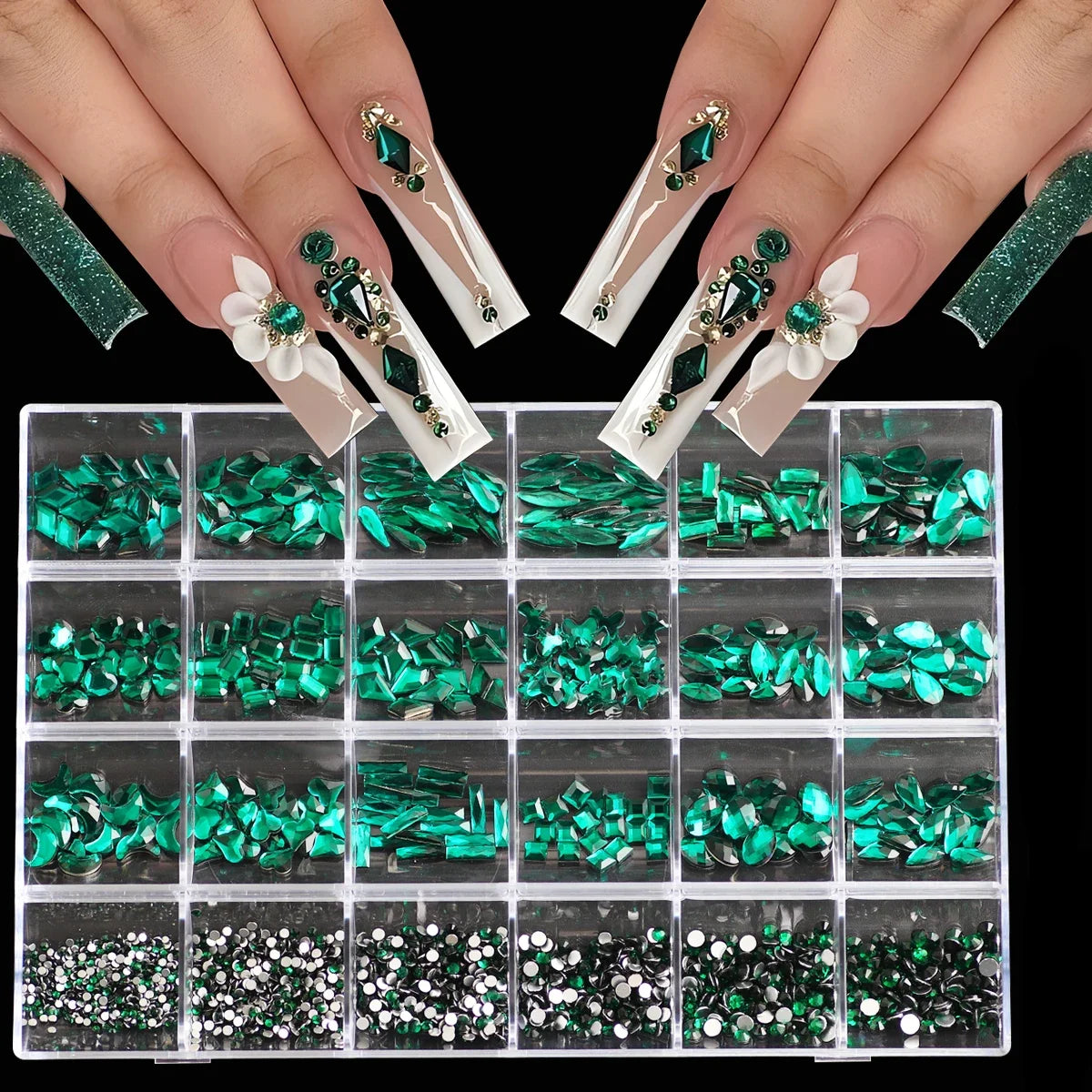 1 Box of Multi -Shaped 3D Nail Diamond Kits -24 AB Crystal Gem Grids, Flat -Bottom Nail Art Accessories Multi -Style Nail Suppli