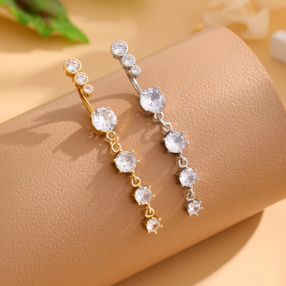 Long Dangled Flower Crystals Belly Button Rings Sexy Curved Navel Piercing for Women Girls 5 Zircons Belly body Jewelry 1 Piece