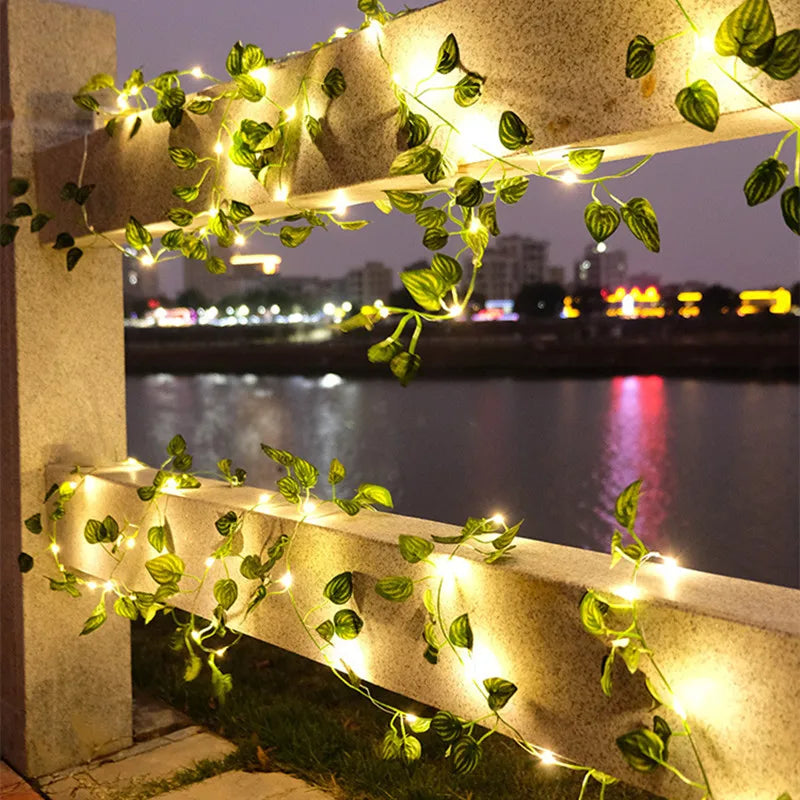 Solar Artificial Leaf LED String Lights Garland – Warm White Fairy Lights for Garden, Wedding, Christmas & Room Décor (5M/16.40ft, 10M/32.80ft)