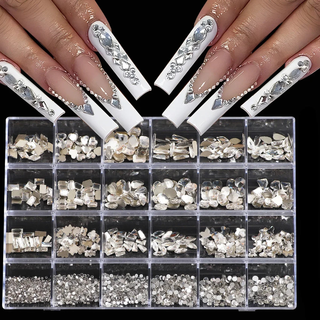 1 Box of Multi -Shaped 3D Nail Diamond Kits -24 AB Crystal Gem Grids, Flat -Bottom Nail Art Accessories Multi -Style Nail Suppli