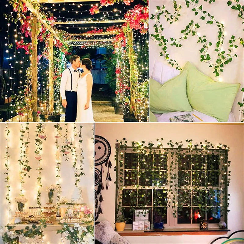 Solar Artificial Leaf LED String Lights Garland – Warm White Fairy Lights for Garden, Wedding, Christmas & Room Décor (5M/16.40ft, 10M/32.80ft)