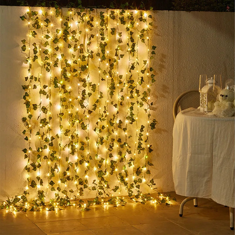 Solar Artificial Leaf LED String Lights Garland – Warm White Fairy Lights for Garden, Wedding, Christmas & Room Décor (5M/16.40ft, 10M/32.80ft)