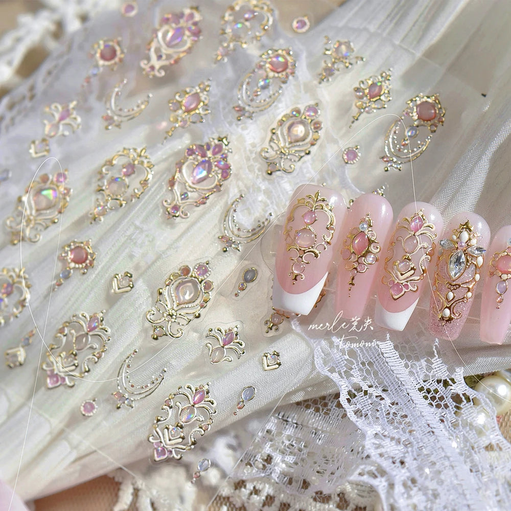 5D Luxury Nail Art Stickers – Gold Gemstone & Courtly Pattern Manicure Decals