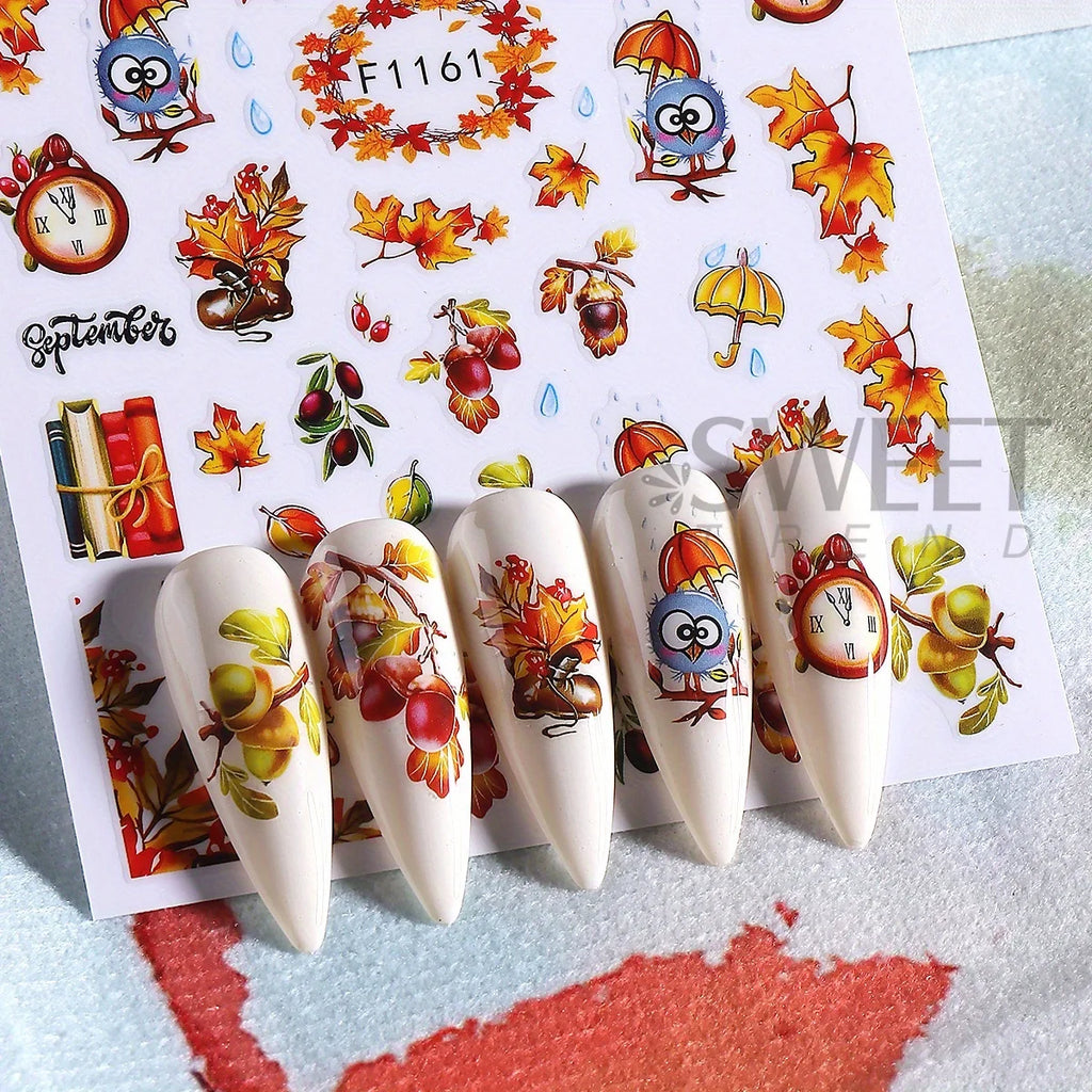10pcs Autumn Winter Series Nail Decals Maple Leaves Pumpkin Deer Mushroom Stickers For Manicure Painting Fall Decor Accessories