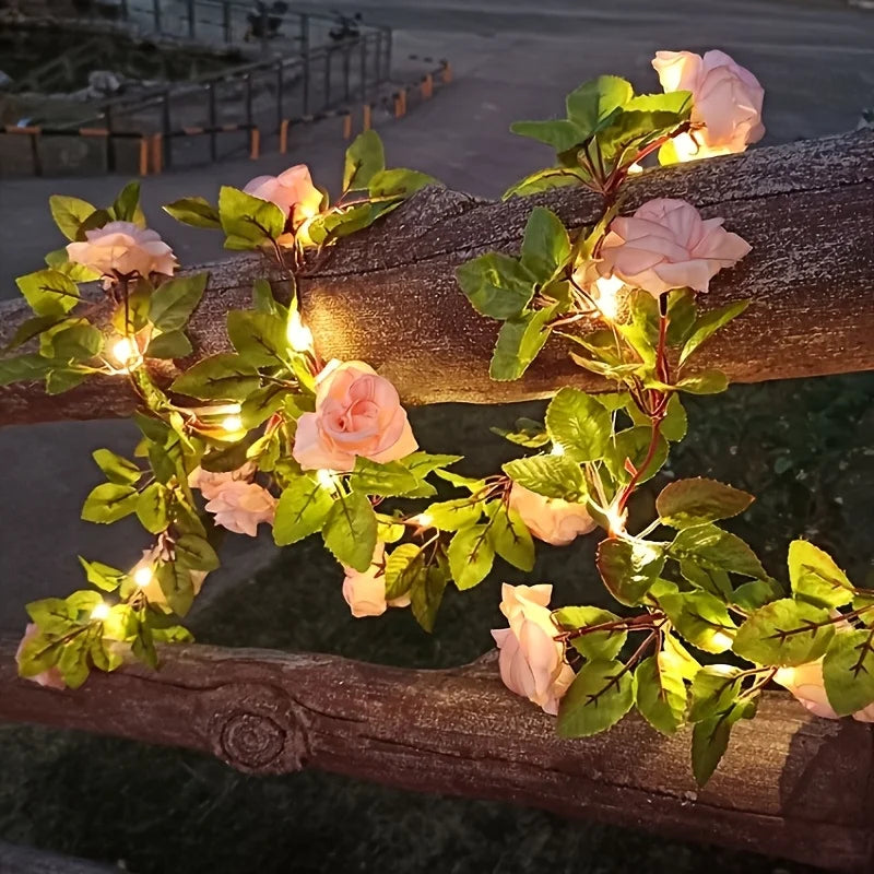 5M 50LED Rose Vine String Lights Solar Powered Artificial Flower Fairy Light for Garden Patio Bedroom Wedding Christmas Decor