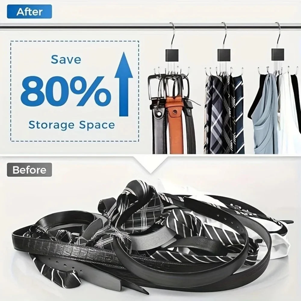 360° Rotating Belt & Accessory Hanger – Multi-Hook Closet Organizer, Wood & Metal