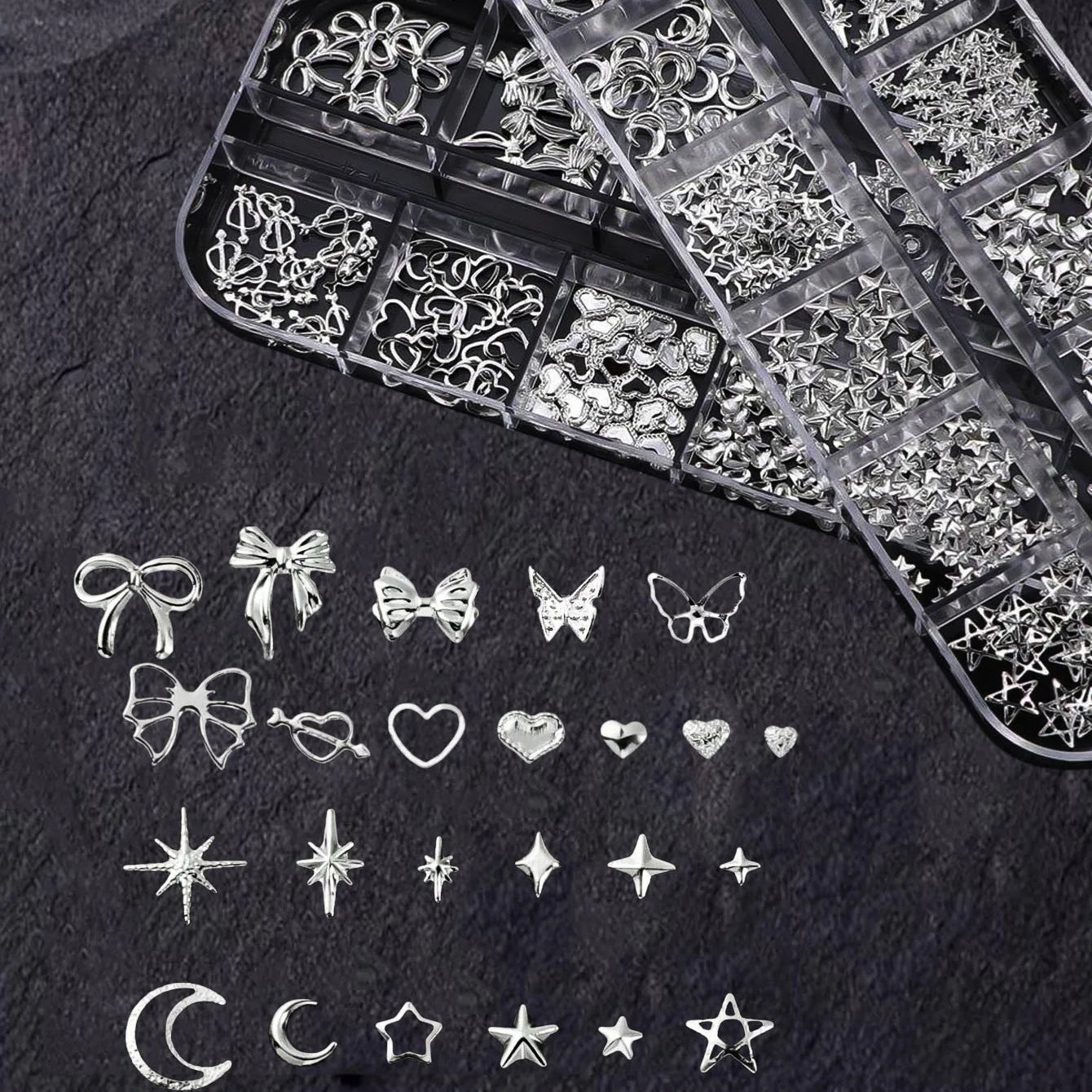 12Grids 3D Silver Heart Bow Butterfly Nail Charms Y2K Metallic Star Moon Nail Rivet Studs DIYValentine's Day Manicure Decoration