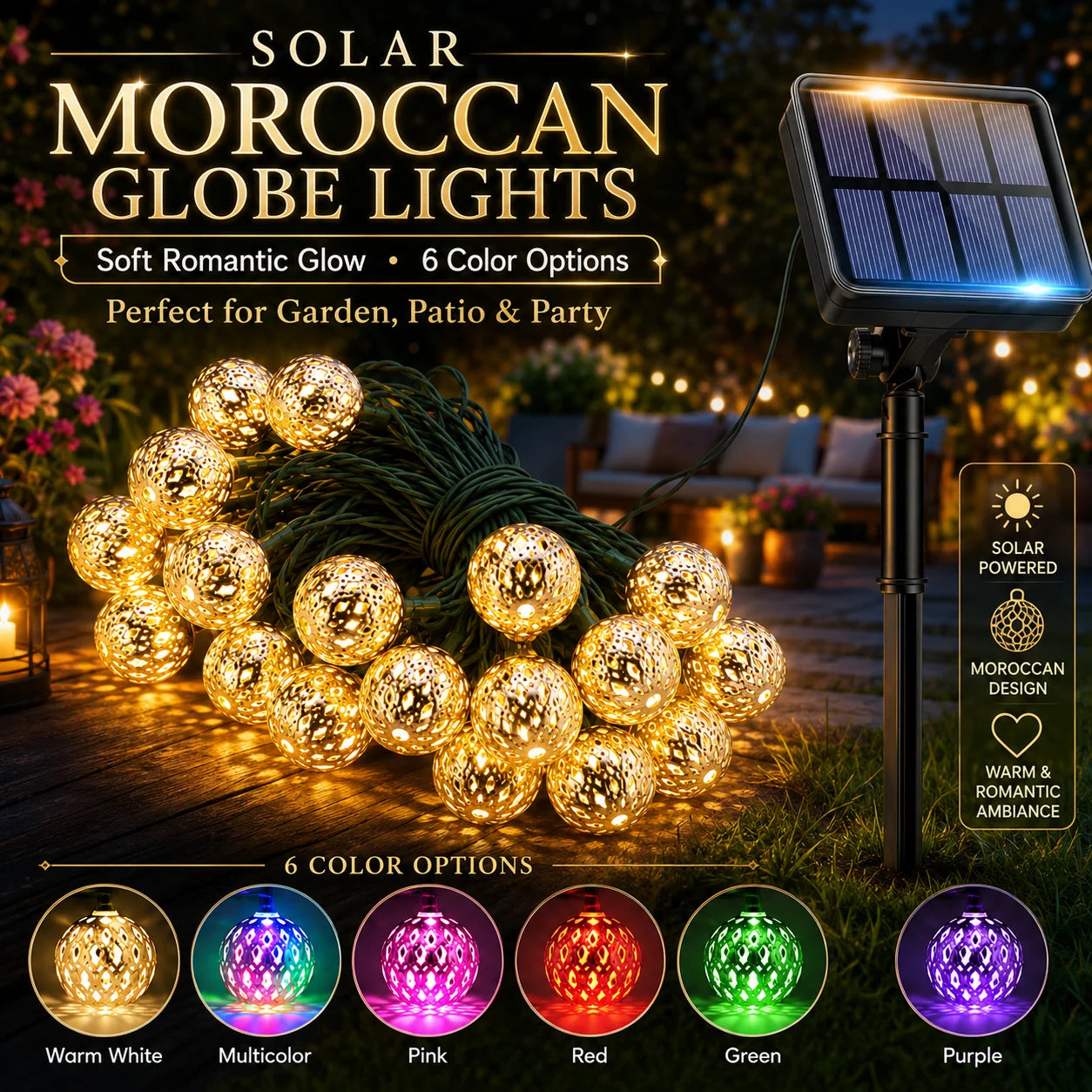 Solar String Lights Moroccan Globe Hollow Ball Fairy Lights Solar Powered 5M/6M 6 Colors for Garden Patio Party Xmas Decor