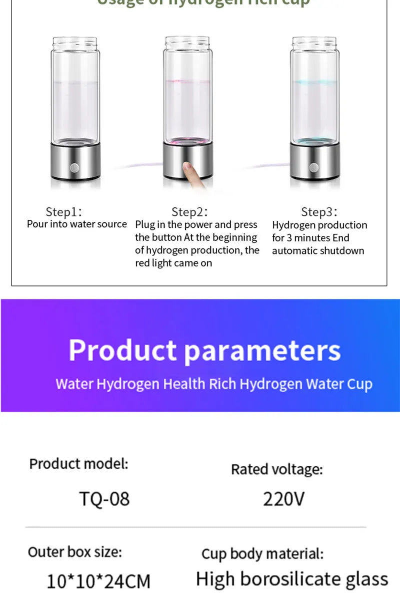 Rechargeable Glass Hydrogen Water Bottle – 14.2 fl oz (420 mL)