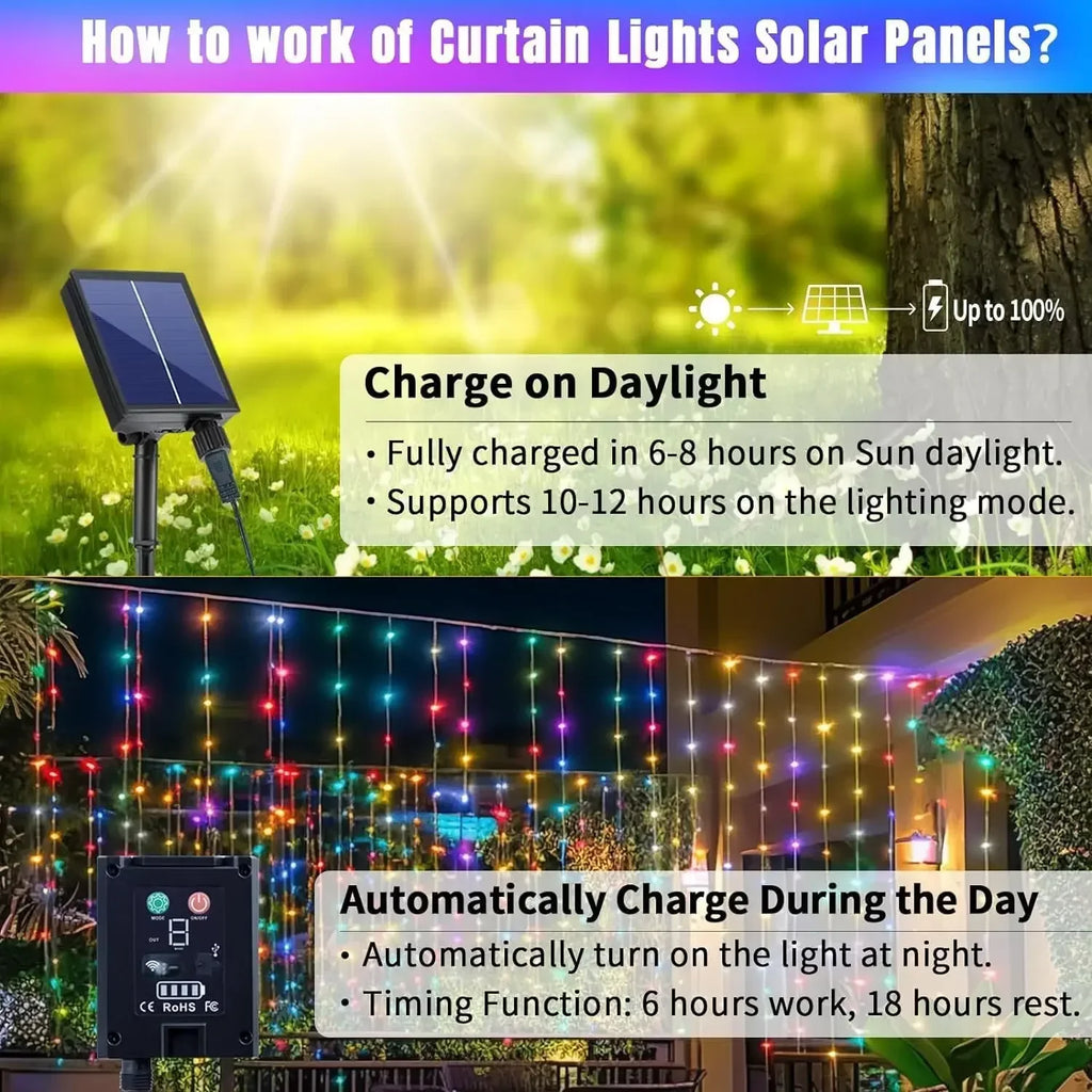 Solar Curtain String Lights 3x3M 300LED Fairy Holiday Decorations Christmas Birthday  for Party Garden Home Wedding Decoration