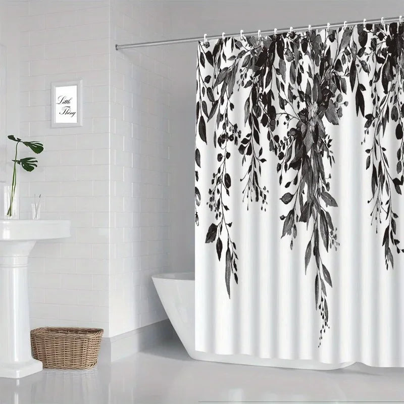 1 Piece Small Fresh Eucalyptus Leaves Digitally Printed Bathroom Shower Curtain Set Perforated Strap Hook Easy to Clean