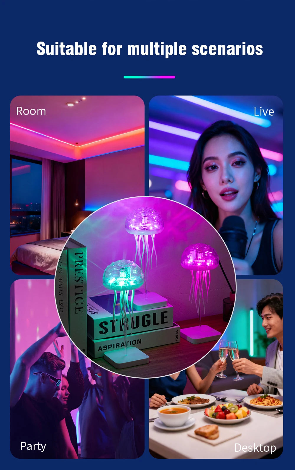 Jellyfish Cartoon LED Nihgt Light Voice Control Gradient Cute Rotating Jellyfish Hanging Bedside Lamp RGB Table Lamps Room Decor