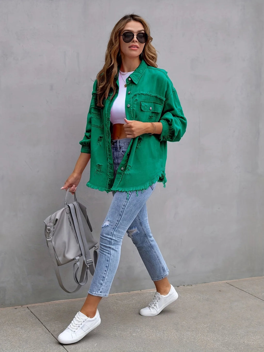Women’s Distressed Button-Front Denim Jacket
