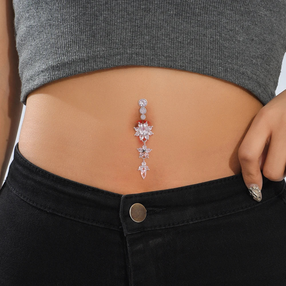 Long Dangled Flower Crystals Belly Button Rings Sexy Curved Navel Piercing for Women Girls 5 Zircons Belly body Jewelry 1 Piece