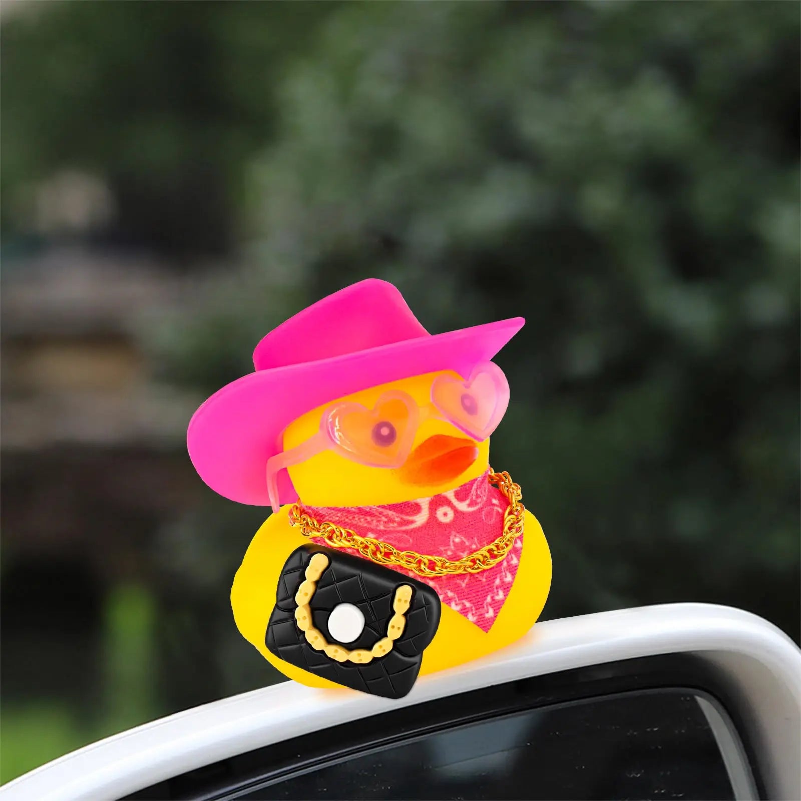 Rubber Duck Car Decor with Straw Hat, Gold Sunglasses, Necklace,Squeaky Dashboard Accessories, Decor Duck for Car