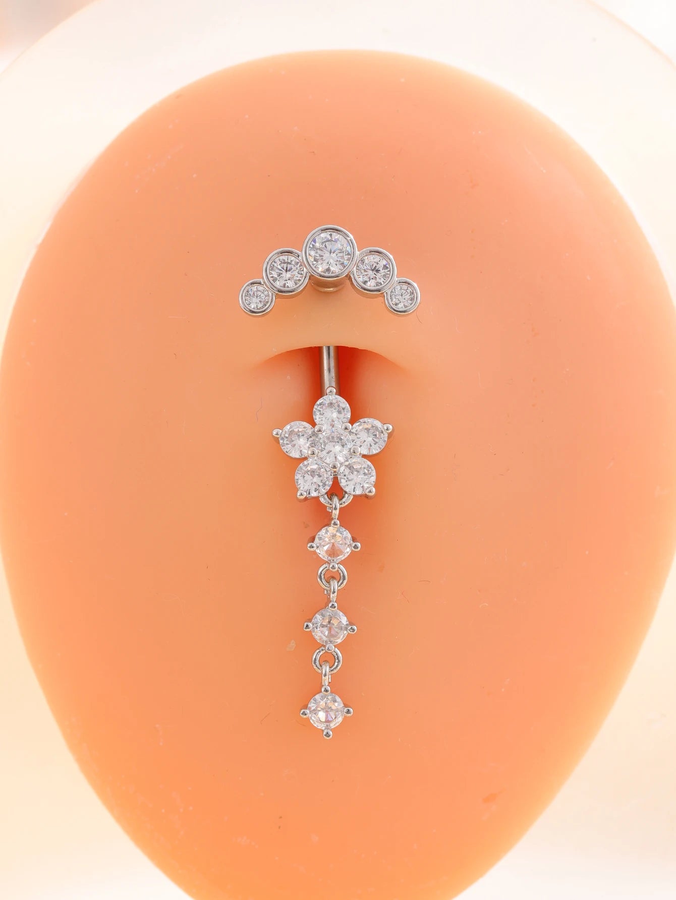Long Dangled Flower Crystals Belly Button Rings Sexy Curved Navel Piercing for Women Girls 5 Zircons Belly body Jewelry 1 Piece