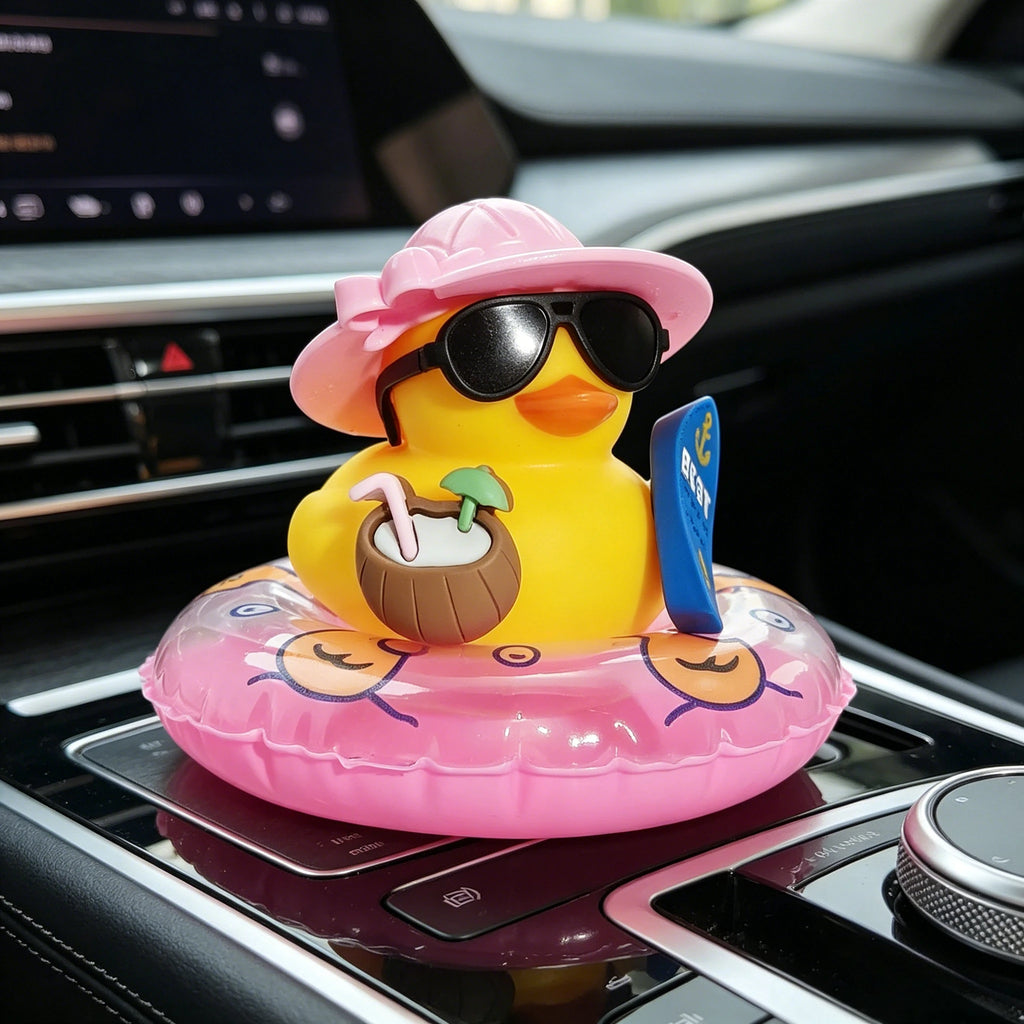 Coole Enten-Auto-Innendekoration, bezaubernde Gummiente mit Sonnenbrille und Schwimmring, perfekt für Auto, Büro und Raumdekoration