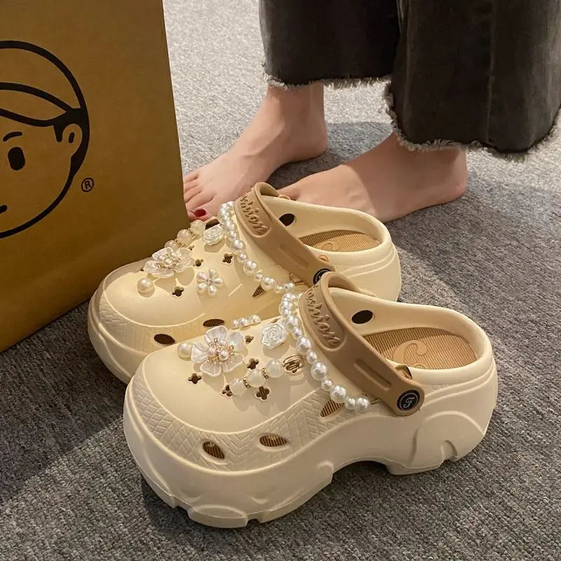 Luxus DIY Perlenkette Rutschfeste Clogs Damen Sommer 2026 Komfort Plateau Slip On Sandalen EVA Dicke Sohle Outdoor Hausschuhe