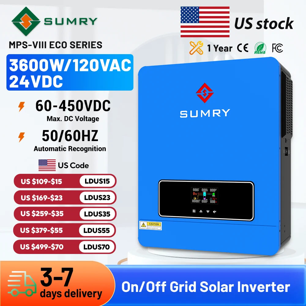 SUMRY 3.6kW Hybrid Solar Inverter, 24V, Dual Output