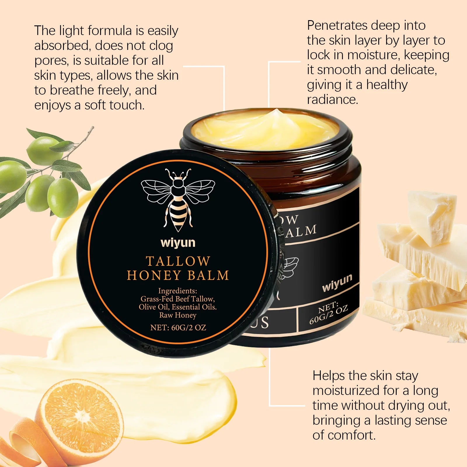 Tallow Honey Balm Glowing Hydrating Skin Enhacne Elasticity Improve Dullness Fade Fine Lines Firming Face Body Moisturize Cream