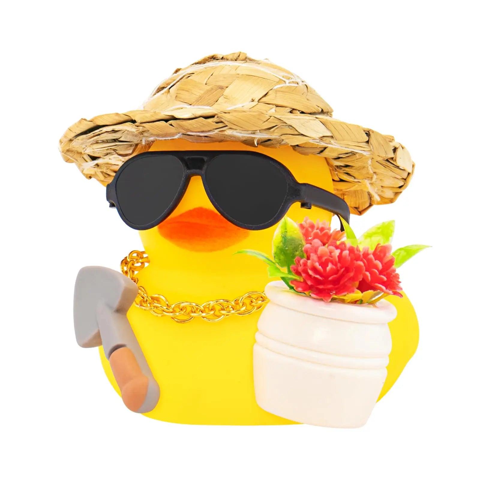 Rubber Duck Car Decor with Straw Hat, Gold Sunglasses, Necklace,Squeaky Dashboard Accessories, Decor Duck for Car