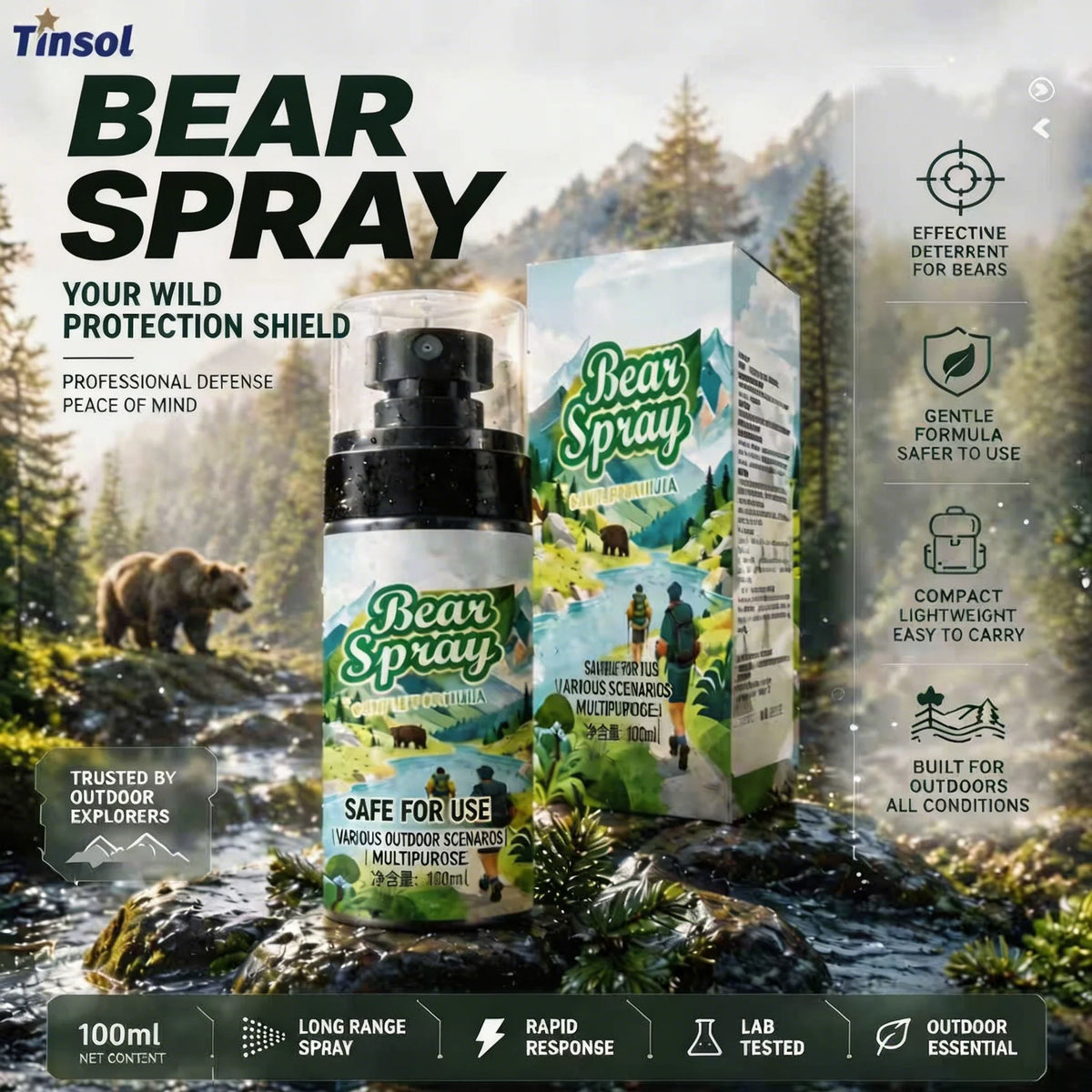 Wildlife Repellent Pepper Spray – 100ml Bear & Dog Deterrent, Safety Lock, Non-Lethal, Camping & Hiking Gear