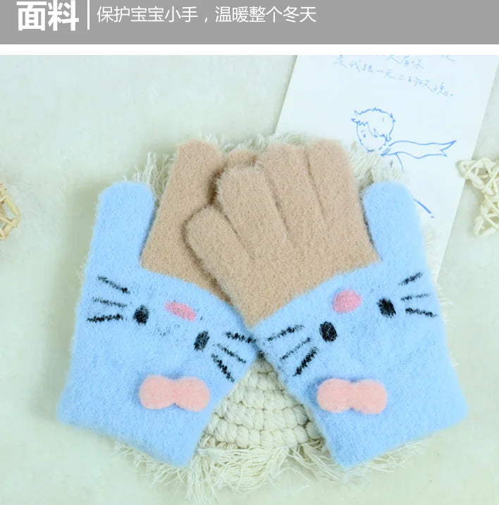 Kids’ Color-Block Cat Knit Gloves