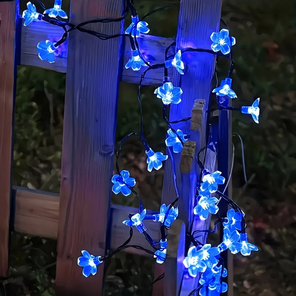 Solar Cherry Blossom Outdoor String Lights, Floral LED Fairy Lights for Yard Tree, Balcony, Backyard Landscape Festival Decor